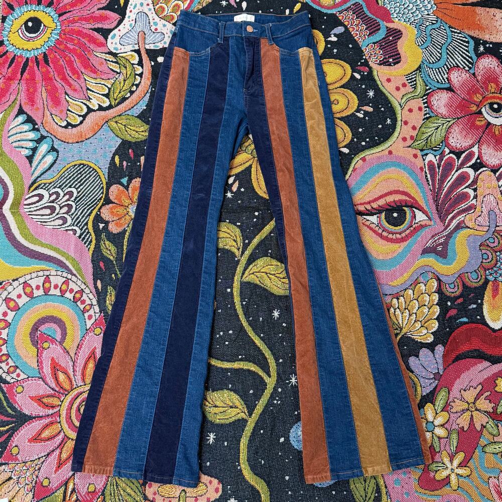Altar'd State Patchwork Striped High Waist Flare Jean Boho 70s Style Hippie 27